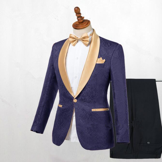 Chic Dark Blue Jacquard Wedding Suit With Shawl Lapel For Men