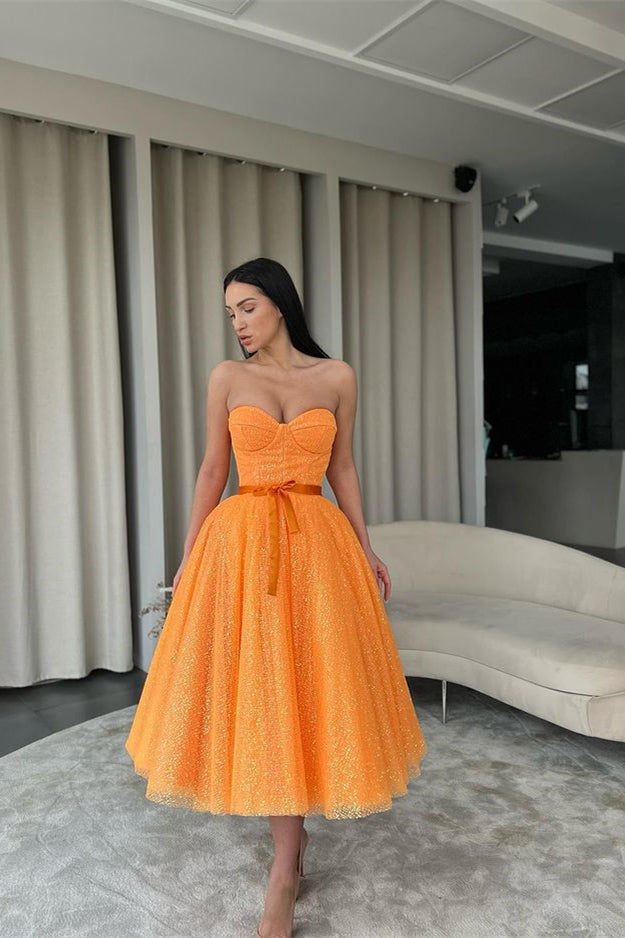 Sequins Sweetheart Dress with Belt - Orange