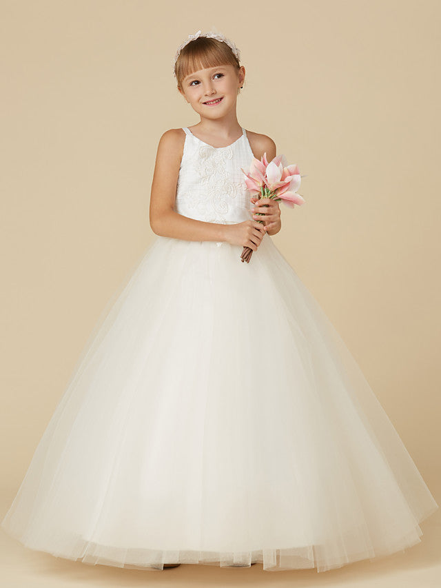 Sleeveless Lace Tulle Flower Girl Dress with Bow Appliques