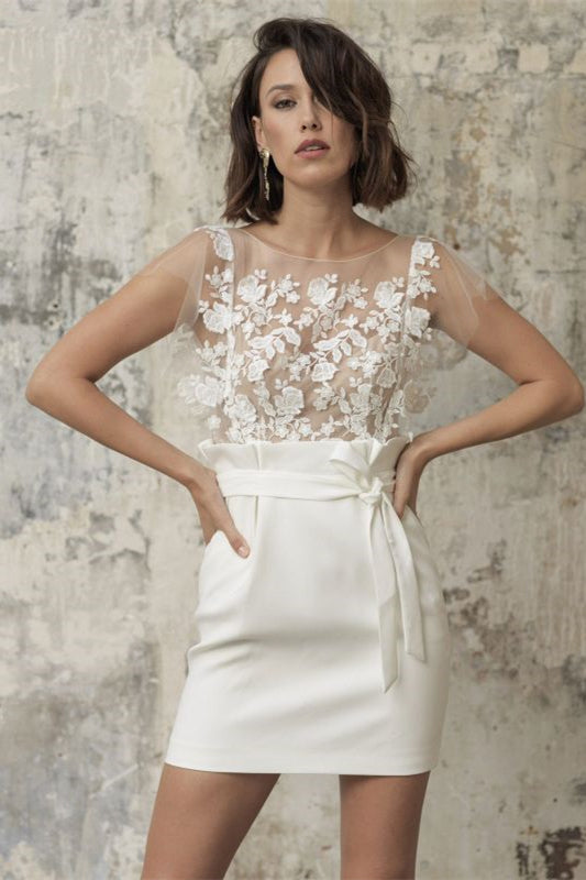 Short Wedding Dress With Pocket & Applique Bateau Belt