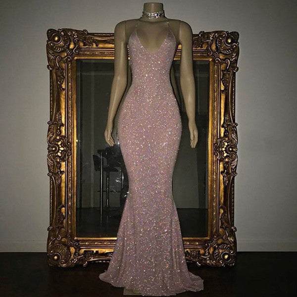 Elegant V-Neck Halter Mermaid Evening Dress with Sequins