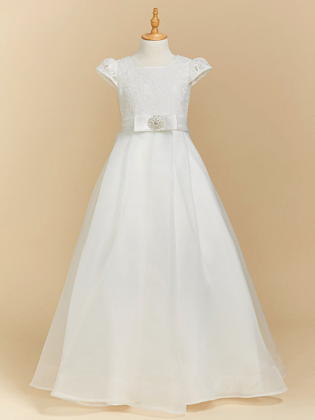 Lace Satin A-Line Dress with Bow - Short Sleeve Square Neck Flower Girl Dress