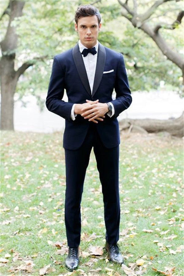 Handsome Blue Bespoke Wedding Tuxedo Two Pieces Lapel Shawl Slim Fit