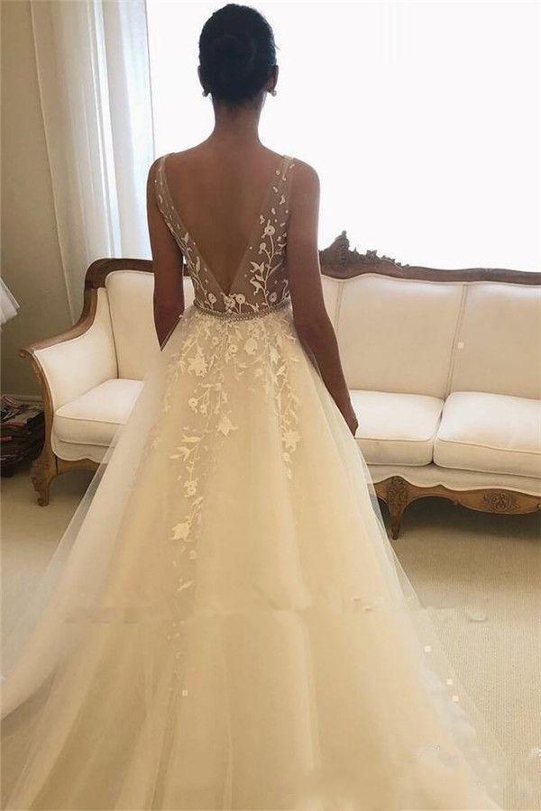 Elegant Long A-line Wedding Dress with Sweetheart Tulle Open Back