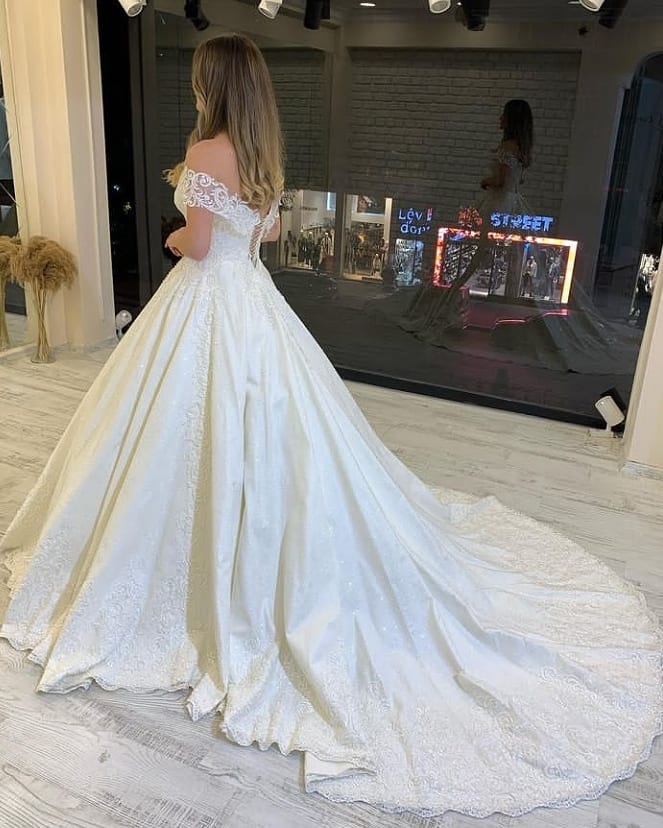 A-Line Off-the-Shoulder Backless Train Wedding Dress with Appliques Lace