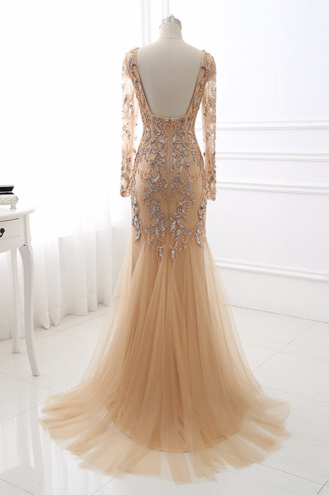 Beautiful Champagne V-Neck Evening Dress with Beadings and Rhinestones