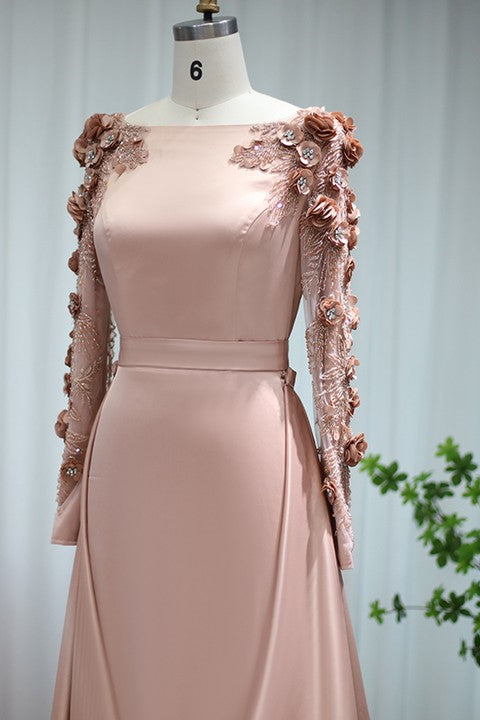 Elegant A Line Prom Dress with Long Sleeves and Flower Appliques