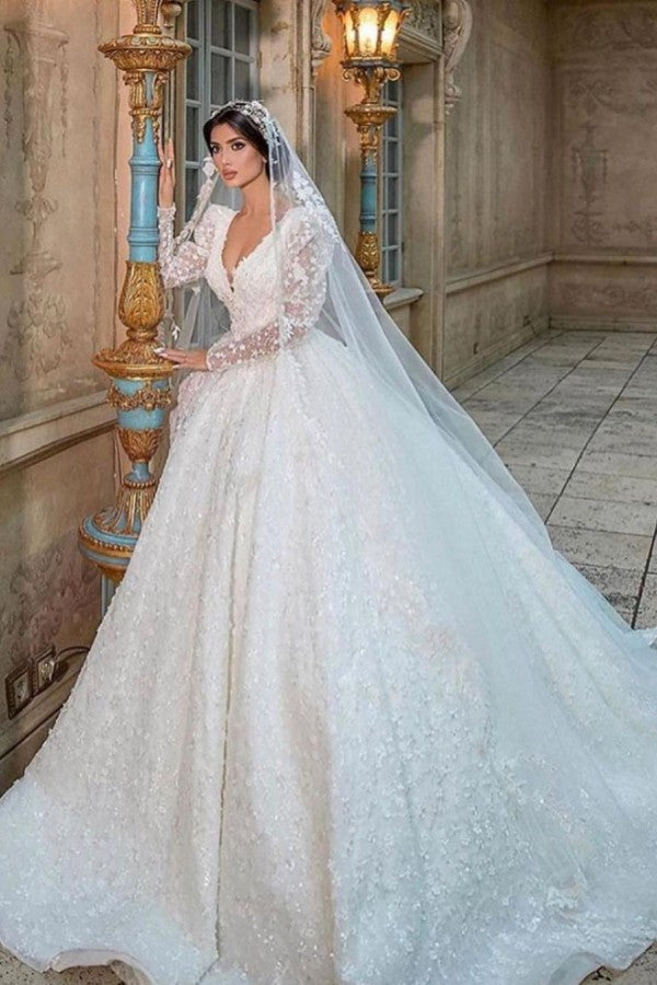 Gorgeous A-Line Deep V-neck Long Sleeve Train Wedding Dress With Appliques Lace