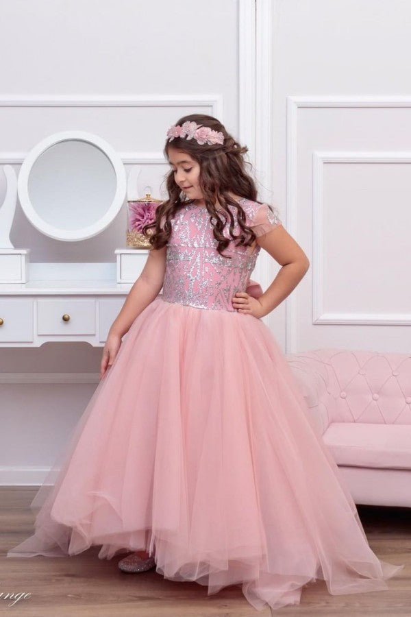 A-line Backless Bateau Short Sleeve Flower Girl Dress with Lace Tulle Bowknot and Sequins