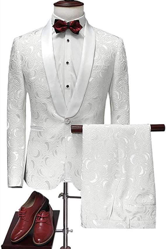 3 Piece White Jacquard Shawl Lapel Blazers Wedding Tuxedos For Men