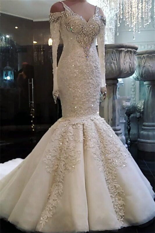 Elegant Beadings V-Neck Mermaid Wedding Dress With Lace Appliques