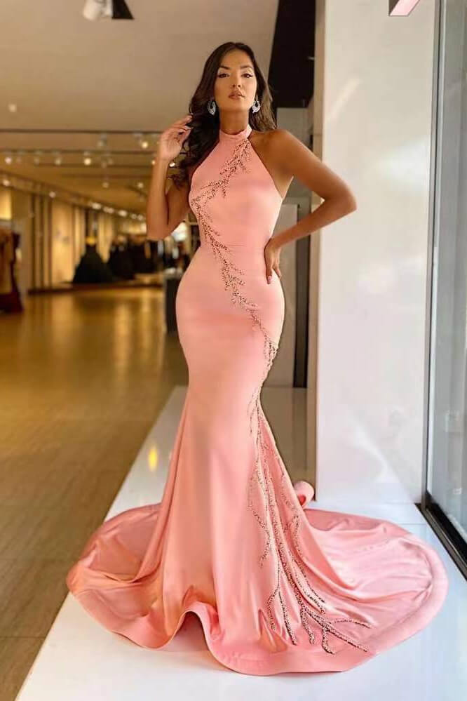 Elegant Pink Mermaid Prom Dress With Applique