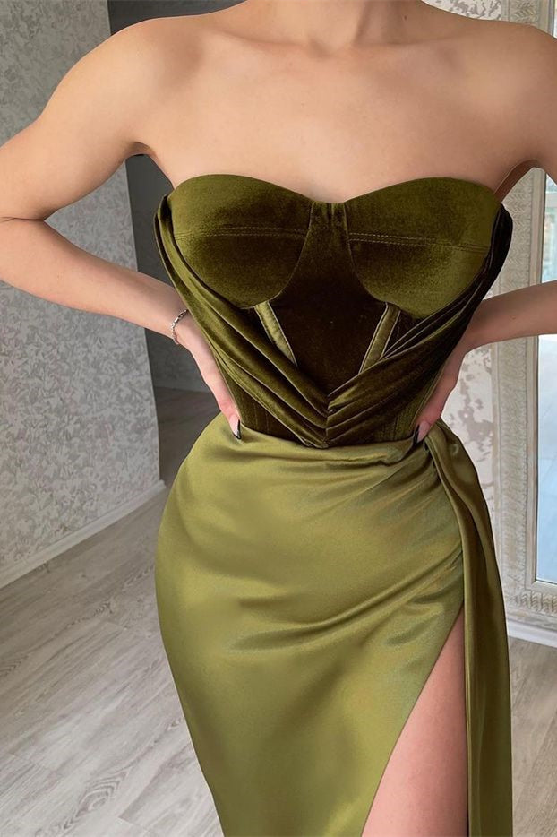 Look Elegant in Strapless Mermaid Evening Dress With Split Olive Green