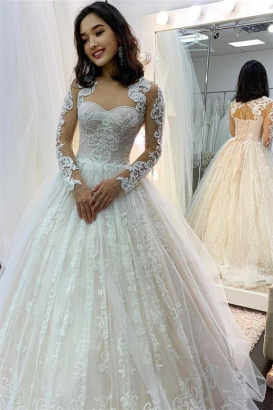 Sweetheart Long Sleeve Wedding Dress Ball Gown With Applique