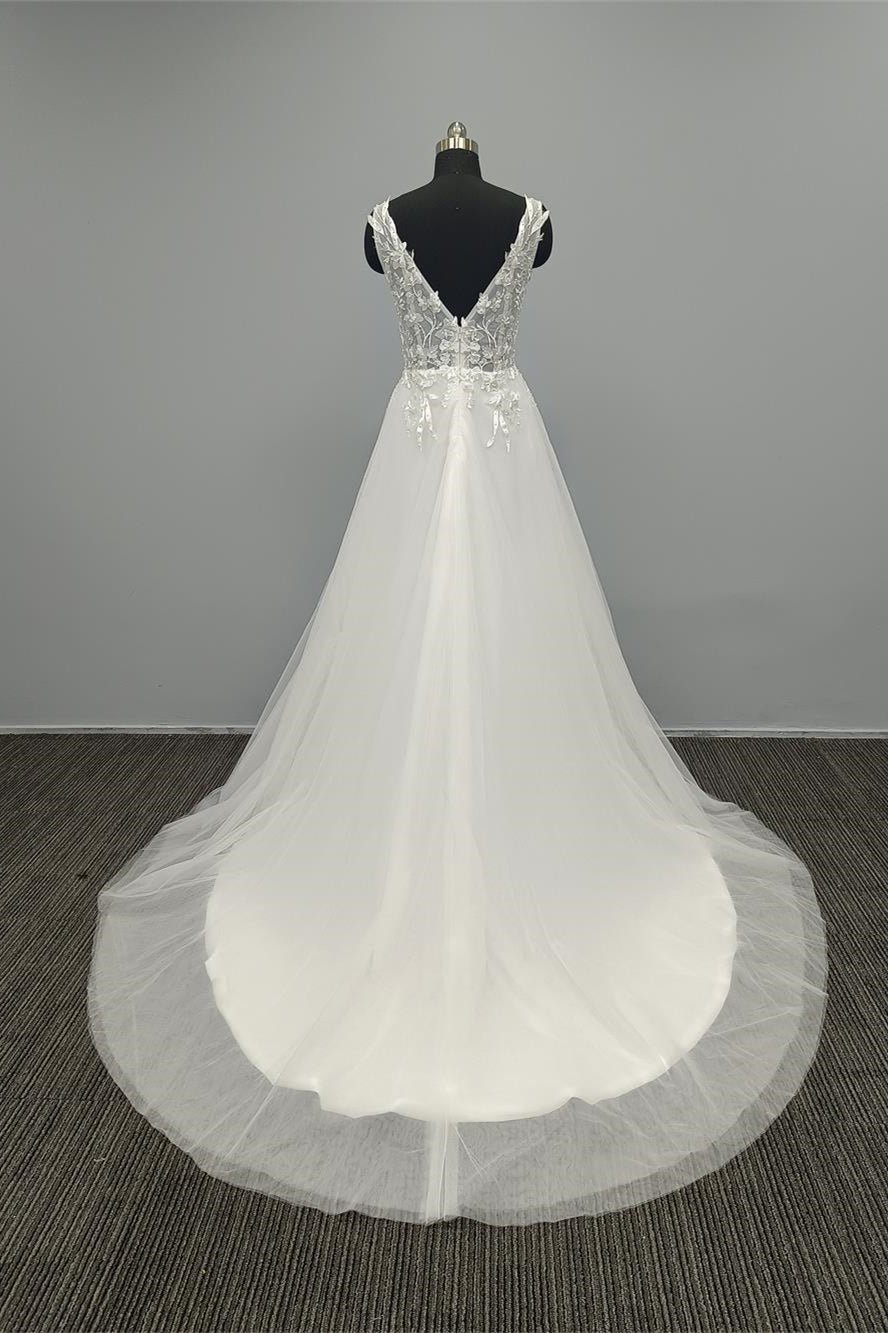 White V Neck A Line Wedding Dress with Tulle Appliques and Open Back