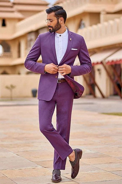 Purple Reception Suit With Notched Lapel for Groom