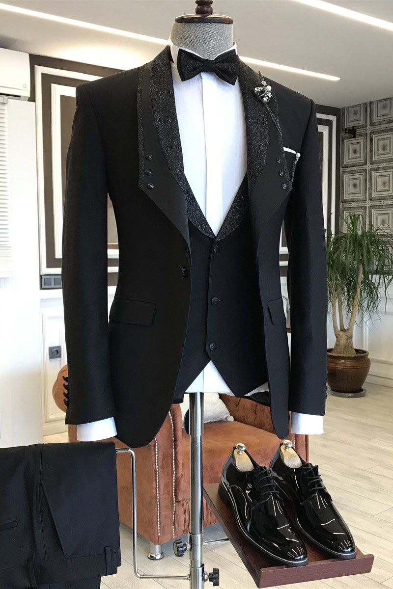 All Black Shawl Lapel One Button Wedding Suit for Grooms ¨C Felix 3-pieces