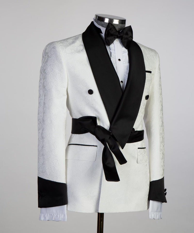 White Double Breasted Shawl Lapel Jacquard Wedding Suit for Men by Cuthbert Fashion