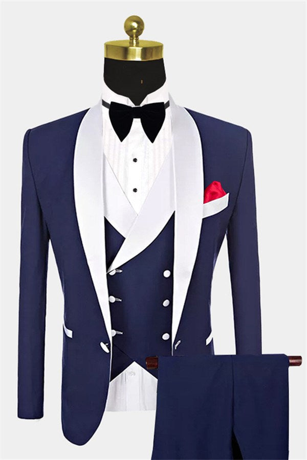 Navy Blue Groomsmen White Shawl Lapel One Button Wedding Tailcoat Three Pieces