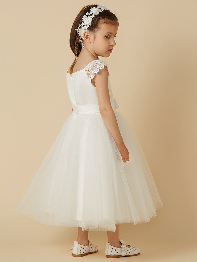 Elegant Flower Girl Dress - Short Sleeve Scoop Neck Lace Satin Tulle With Sash Ribbon Bow