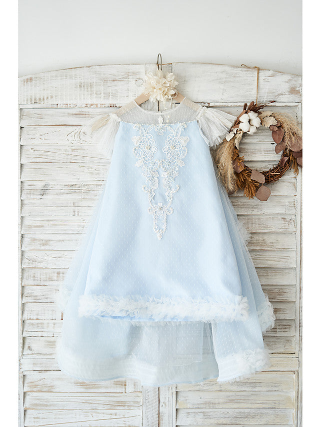 A-Line Jewel Neck Flower Girl Dress with Tulle and Pearls Appliques