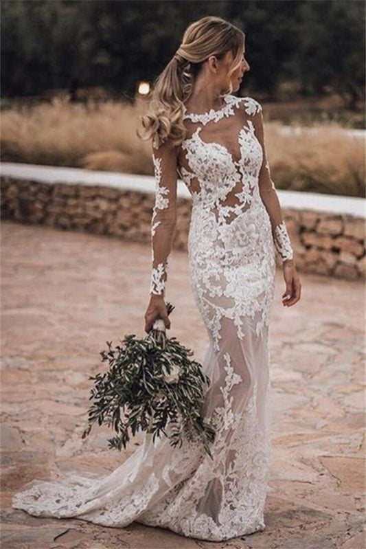 Gorgeous Tulle Lace Appliques Wedding Dress with Column Long Sleeves and Backless Mermaid Style