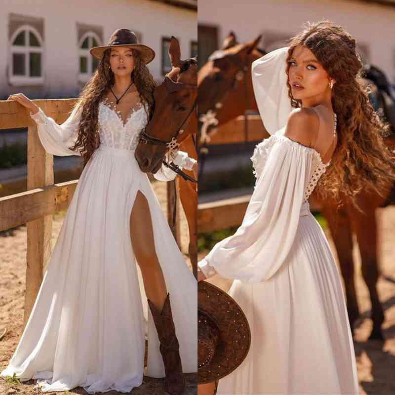 White Long Sleeves A Line Prom Dress Softy