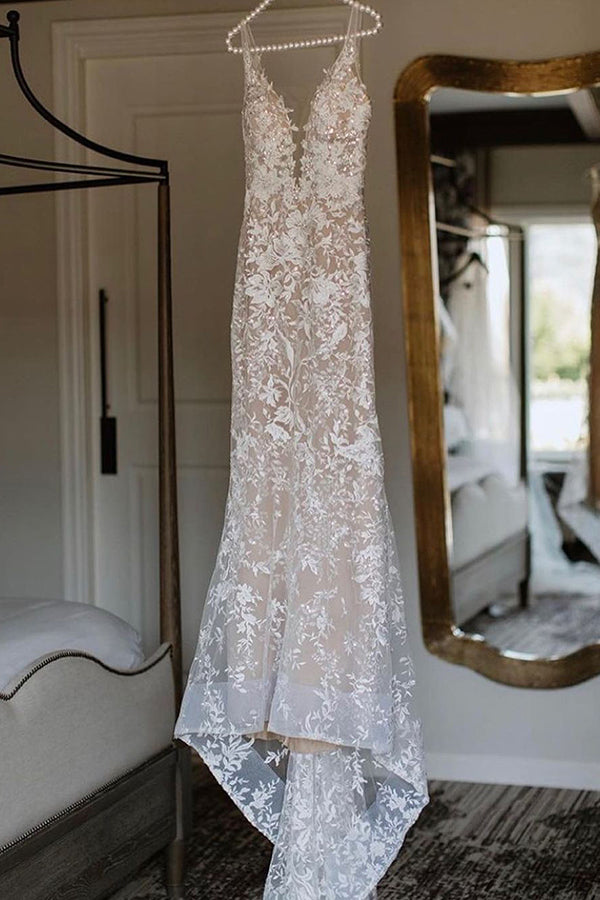 Lace V-Neck Mermaid Wedding Dress with Spaghetti Straps and Jewels