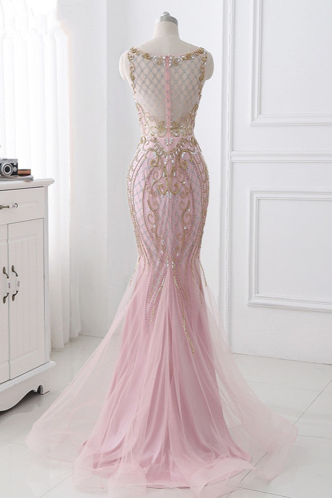 Pink Jewel Sleeveless Prom Dress Mermaid with Beadings and Rhinestone