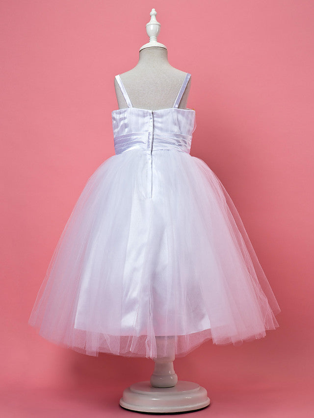 A-Line Tea Length Sleeveless Spaghetti Strap Flower Girl Dress Tulle Satin With Criss Cross