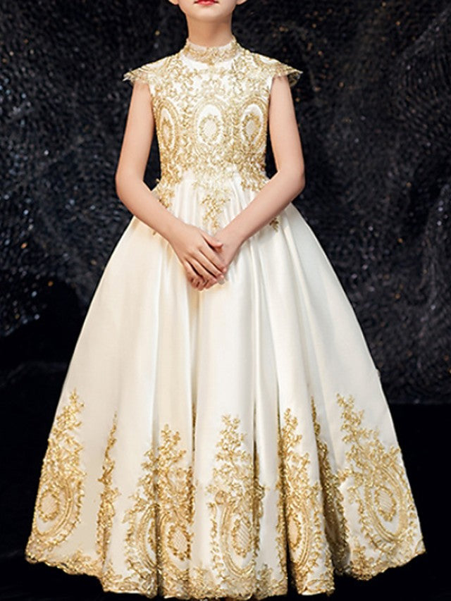 A-Line Flower Girl Dress With Appliques - Sleeveless High Neck & Floor Length