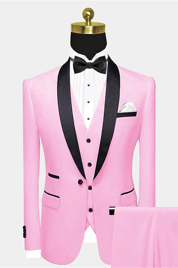 Candy Pink & Black Stylish Chic Reception Suit with Satin Shawl Lapel Tuxedo for Groom