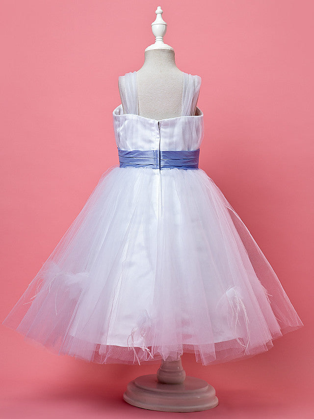 Princess A-Line Knee Length Tulle Sleeveless Dress With Feathers / Fur / Sash / Ribbon / Ruched