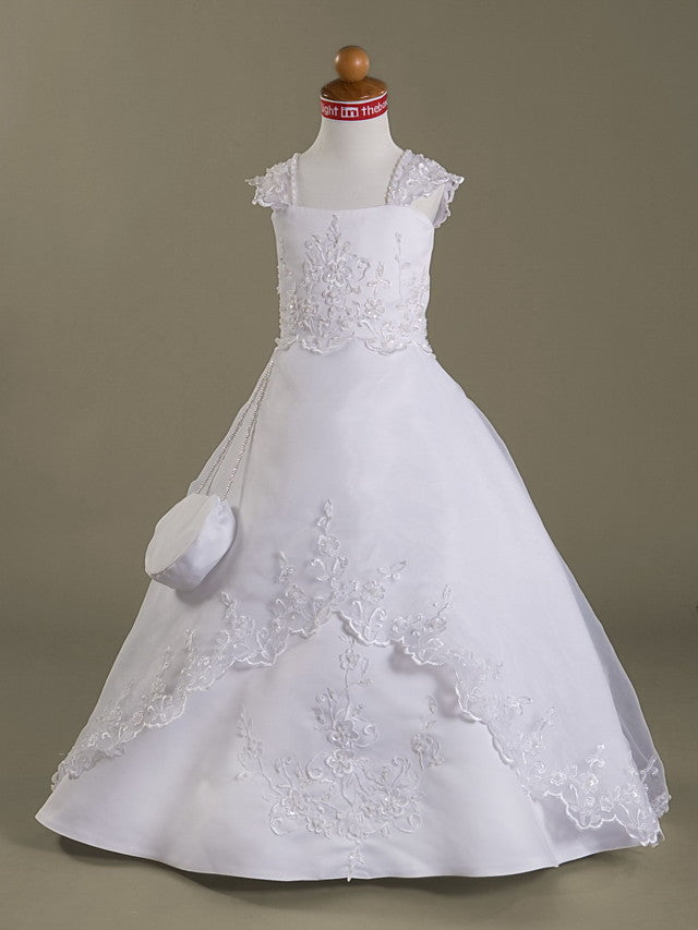 A-Line Sleeveless Square Neck Flower Girl Dress with Organza Satin and Beading