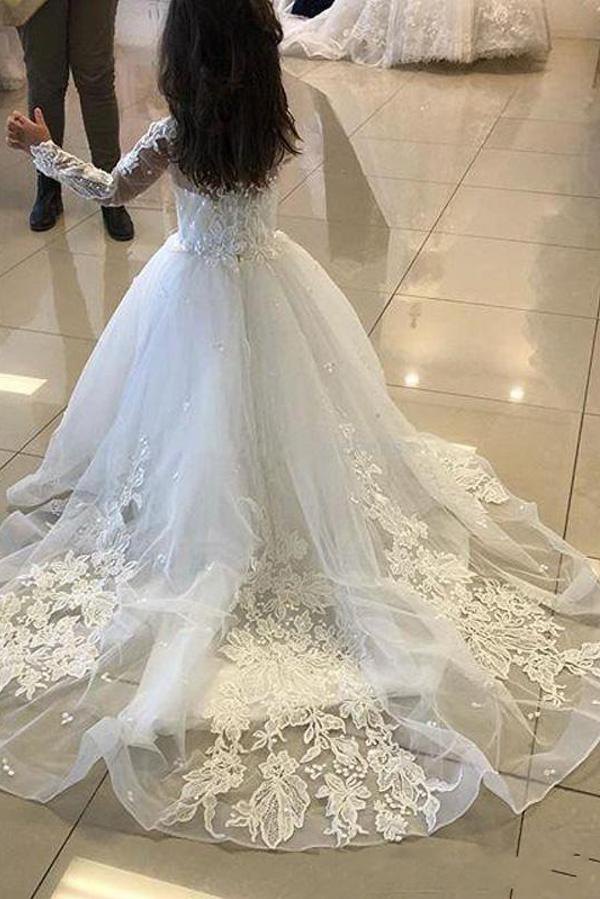 Jewel Long Sleeves A-line Flower Girl Dresses with Tulle Lace Appliques