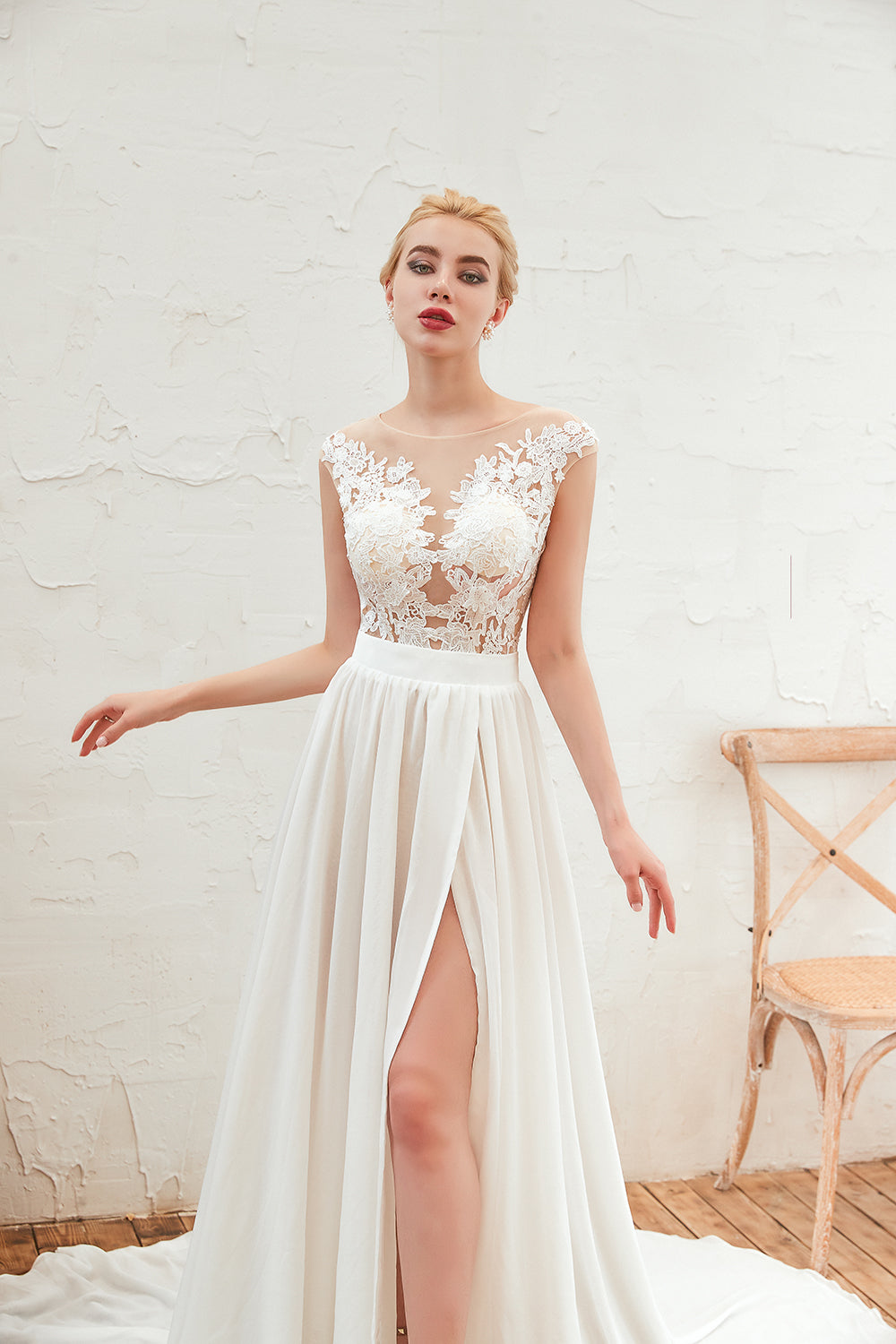 Bateau Appliques Lace A-line Chiffon Wedding Dress with Ruffles and Slit