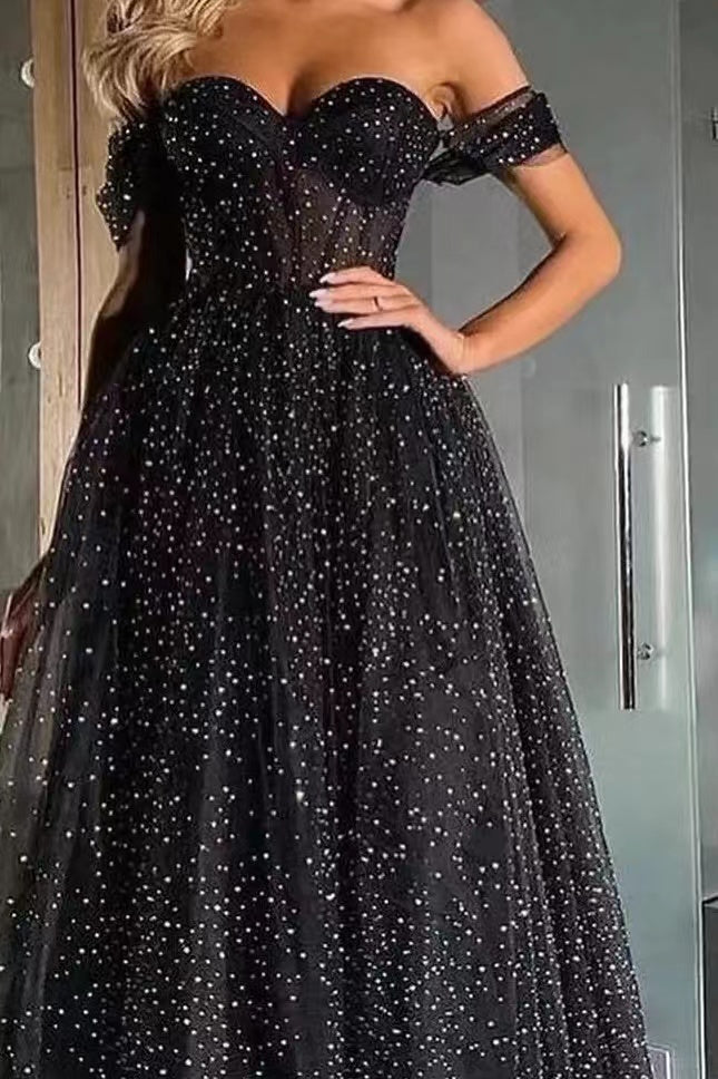 Black Off-The-Shoulder Sweetheart A-Line Prom Dress with Beads and Tulle