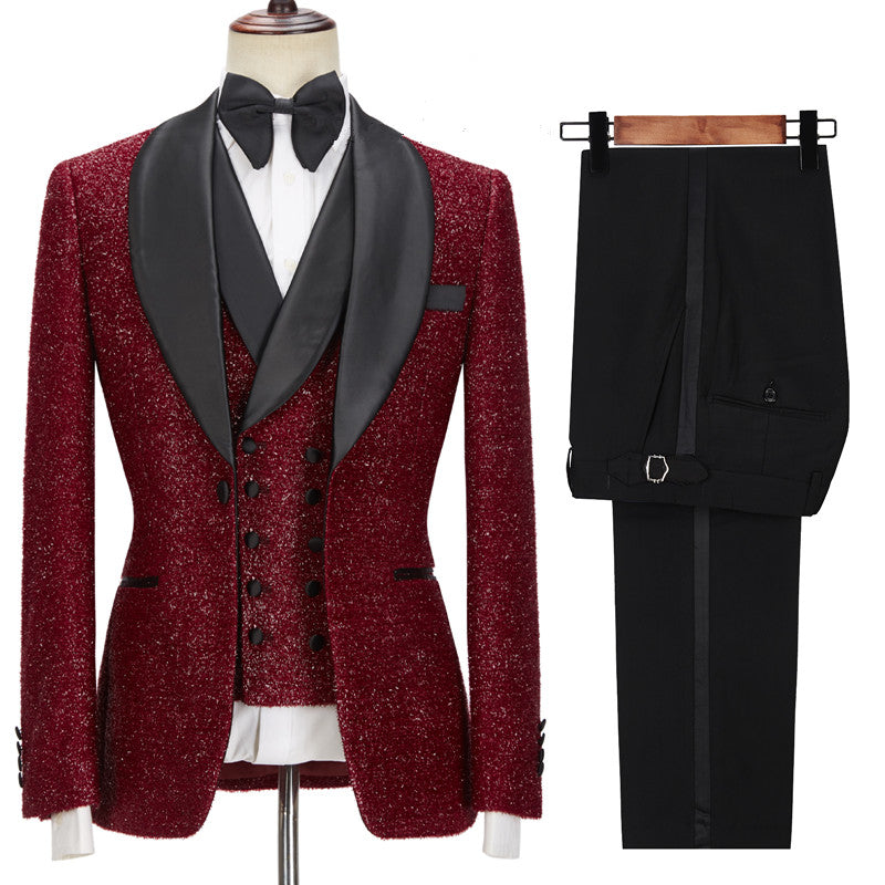Damon Sparkle Red 3-Piece Wedding Suit with Black Shawl Lapel