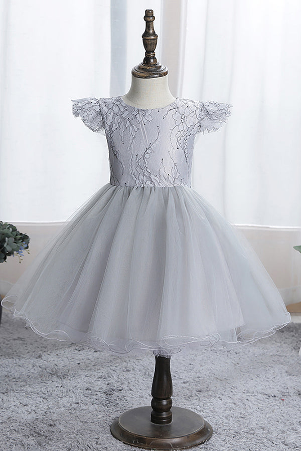 Stunning Blue Short Sleeves Jewel Flower Girl Dress with Appliques