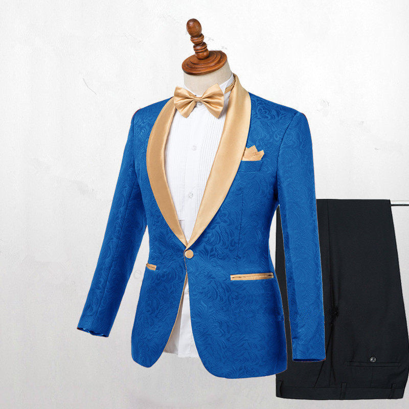 Popular Blue Shawl Lapel Men's Wedding Suit With Jacquard