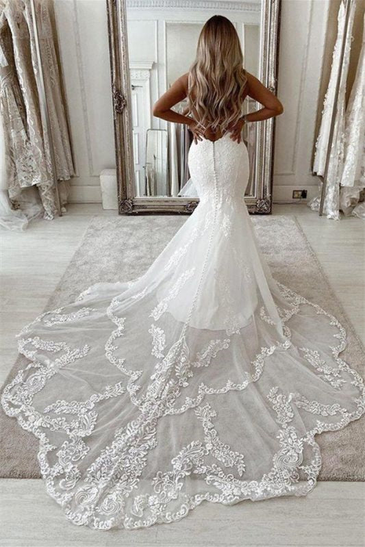 Mermaid Long Sleeveless Wedding Dress with Lace Appliques