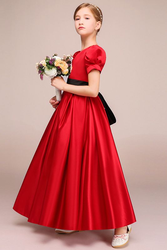 Short Sleeves Jewel Satin Flower Girl Dress with Belt