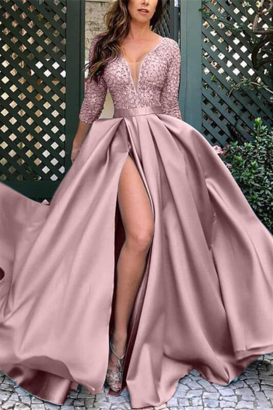 Elegant Deep V Neck Satin Prom Dress with 3/4 Sleeves and Lace Split