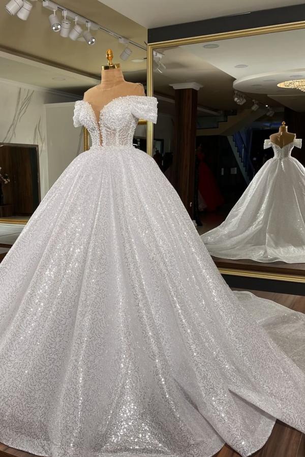 Gorgeous Long Ball Gown with Off-the-shoulder and Sequins - Wedding Dress