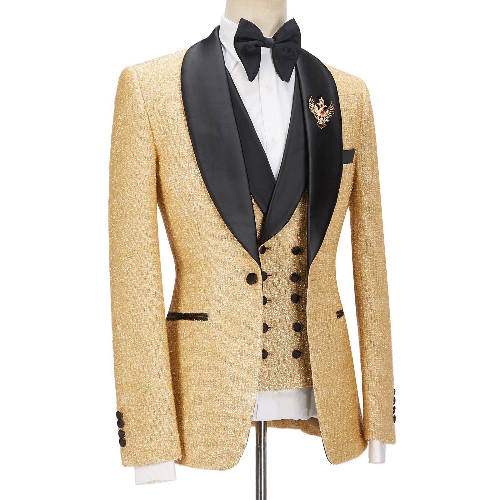 Andrew Sparkly Golden Shawl Lapel Three Piece Men Suits For Wedding