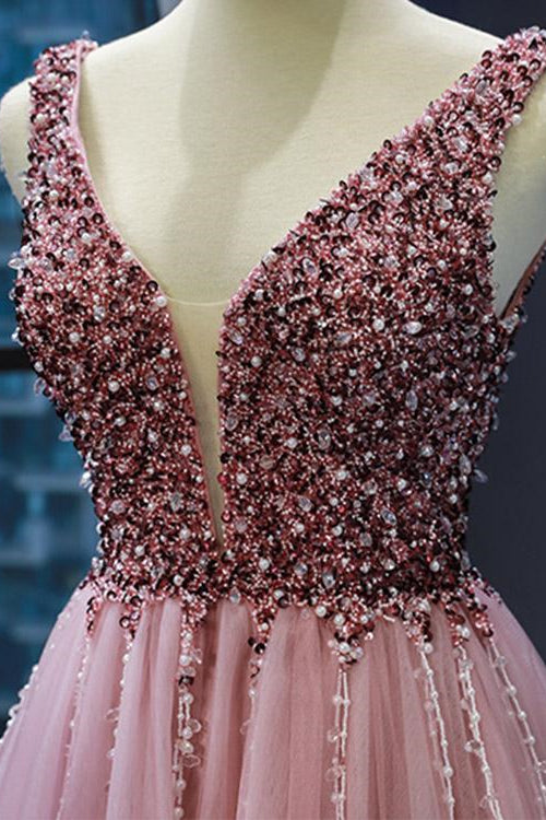 On Sale: Pink V-Neck Mermaid Sleeveless Prom Dress With Beadings