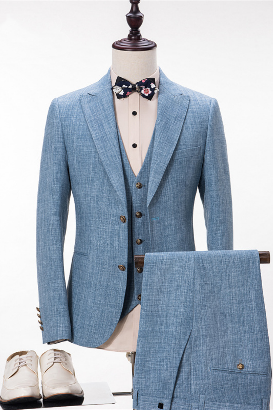 Blue Linen Suit for Weddings and Proms: Peak Lapel Groom and Groomsmen Suits