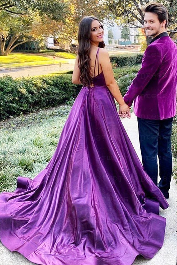 Purple V-Neck Prom Dress with Spaghetti-Straps