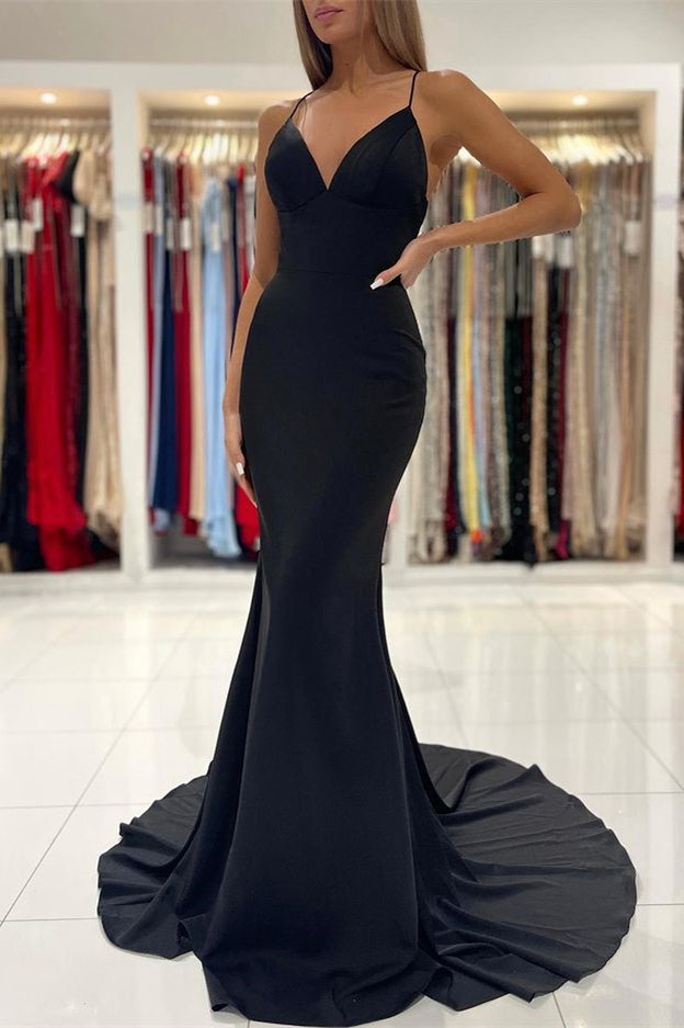 Stunning Spaghetti-Straps Black Long Mermaid Prom Dress