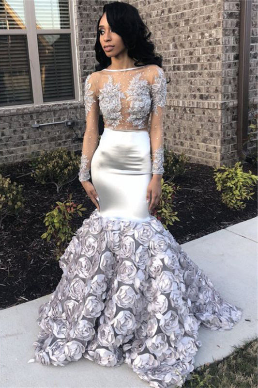 Royal Silver Long Sleeves Prom Dress with Flowers Applique